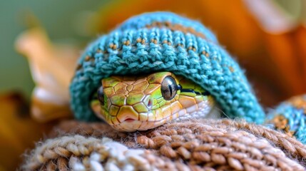 Obraz premium funny Grass Snake wearing knitter coat and hat