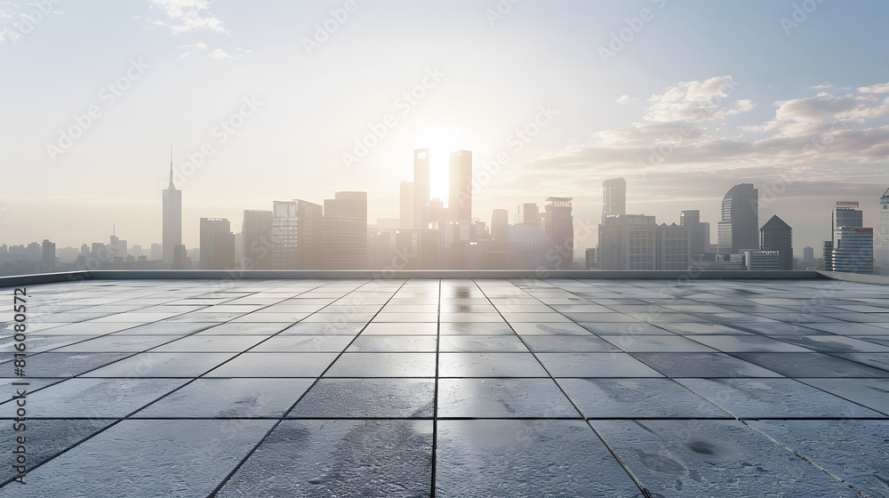 Poster perspective view of empty concrete tiles floor of rooftop with city skyline morning scene : generati