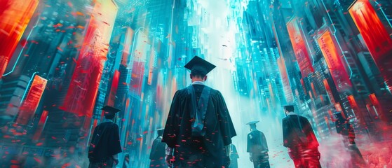Abstract structures futuristic image of a graduation ceremony set against a backdrop of digital architecture, blending traditional academic attire with modern