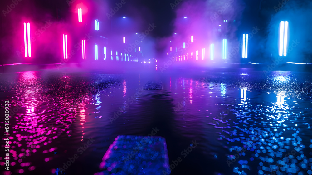 Poster wet asphalt reflection of neon lights a searchlight smoke abstract light in a dark empty street with