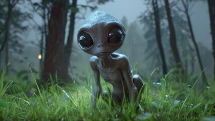 Fototapeta premium Grey alien with big eyes, other planet creature in a dense green forest. Alien in the woods