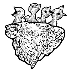 baby swallow bird chicks in the nest sketch engraving PNG illustration. T-shirt apparel print design. Scratch board imitation. Black and white hand drawn image.