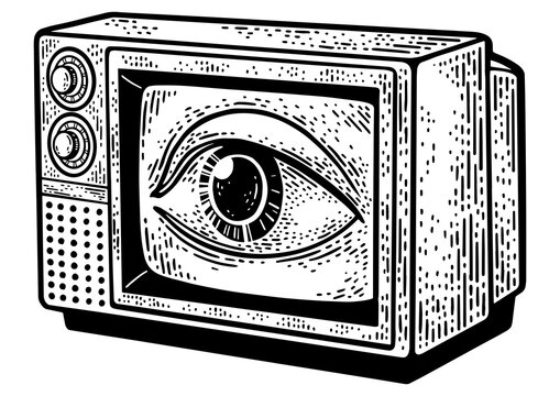 TV with an eye on the screen sketch engraving PNG illustration. T-shirt apparel print design. Scratch board imitation. Black and white hand drawn image.