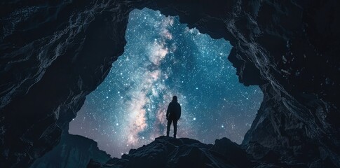 A man standing on the edge of an opening in a cave, overlooking black rocks and cliffs at night with the milky way galaxy in the sky,