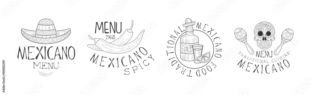 Poster mexican food logo with text and hand drawn element vector set