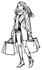Girl Shopping Line Drawing