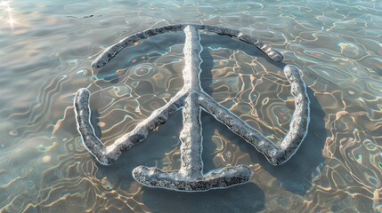 Silver Sand Shaped into a Large Peace Symbol on a Clear Beach, Symbolic Images for World Peace Campaigns