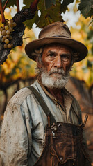 Obraz premium A close-up portrait of an elderly man with a rugged beard and intense gaze, wearing a hat and work clothes in a vineyard setting.