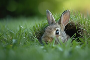Fototapeta premium Cute wild rabbit cautiously looks out from its grassy burrow