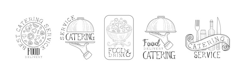 Best Catering Service Hand Drawn Monochrome Sign Design Vector Set