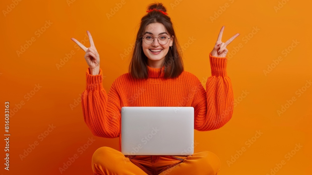 Sticker Cheerful Woman with Laptop Victory Sign