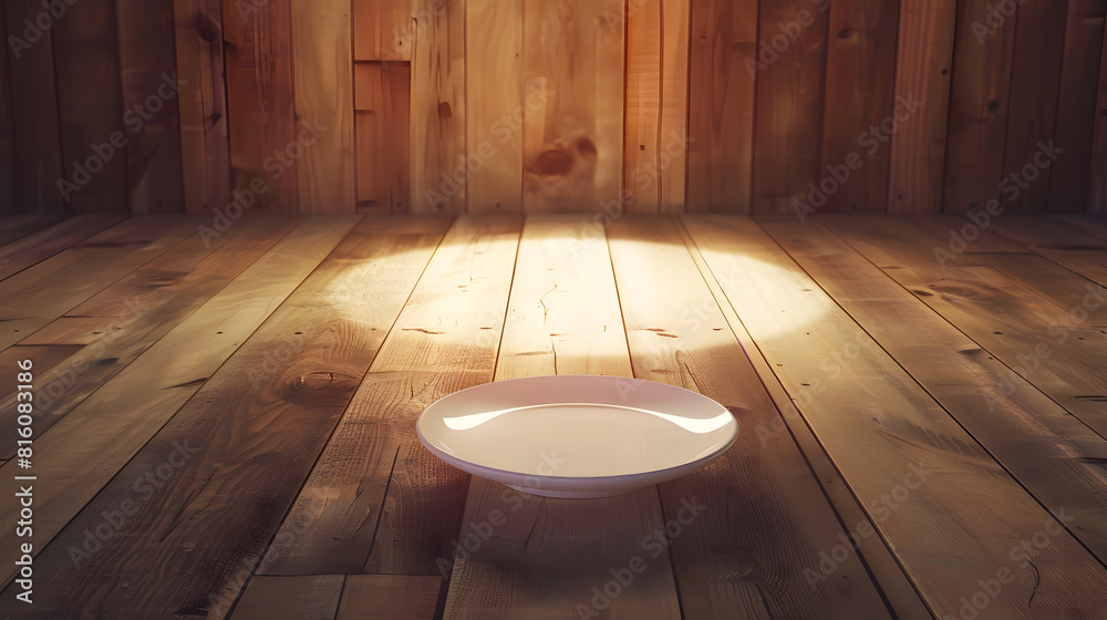 Poster Perspective view of empty light plate on wooden background Empty space for your design : Generative AI