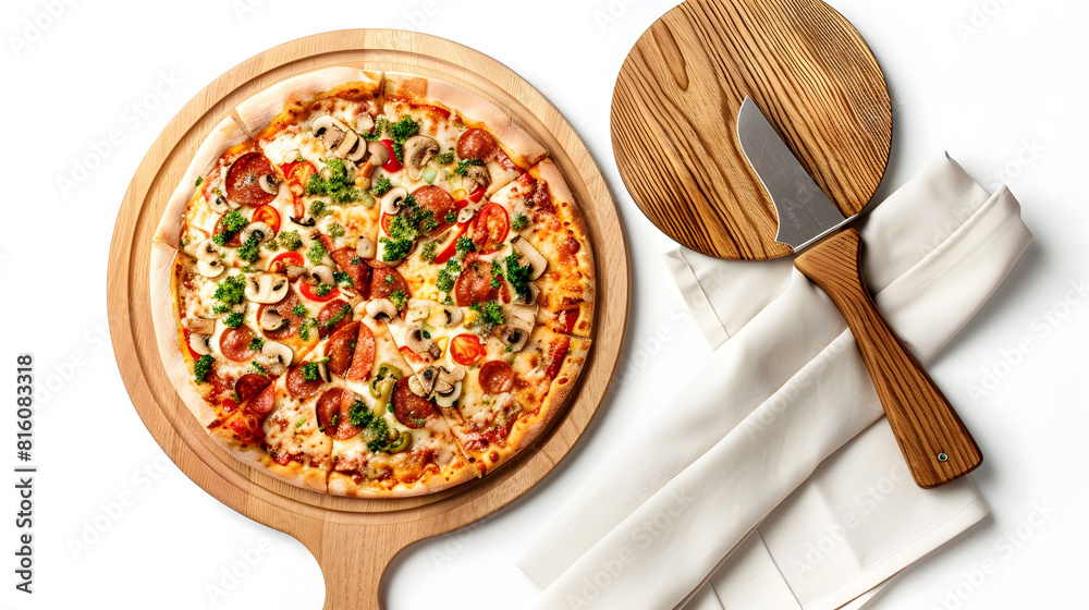 Poster Empty pizza board and napkins top view isolated on white : Generative AI