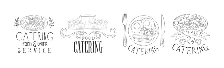 Best Catering Service Hand Drawn Monochrome Sign Design Vector Set