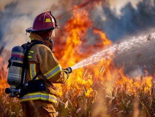 Fototapeta premium A firefighter in action, spraying water to extinguish a blaze No text or alphabet on image