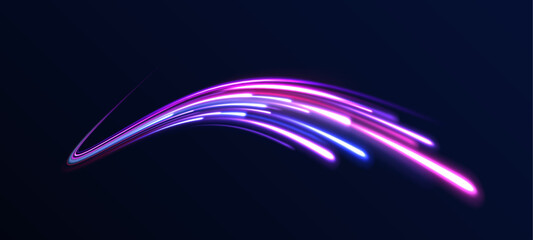The effect of express lanes from a fast car on the freeway. High speed effect motion blur night lights blue and red.	Illustration of high speed concept. Curved light trail stretched upward. Vector Ill