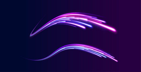The effect of express lanes from a fast car on the freeway. High speed effect motion blur night lights blue and red.	Illustration of high speed concept. Curved light trail stretched upward. Vector Ill