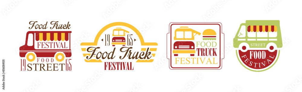 Sticker Food Truck Festival Logo and Label Design Vector Set