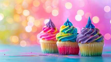 rainbow party themed, bright rainbow color delicious caupcakes on a pastel bokeh background, pride celebration