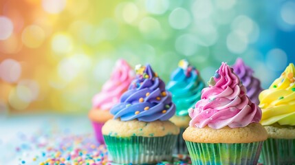rainbow party themed, bright rainbow color delicious caupcakes on a pastel bokeh background, pride...