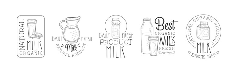 Fresh Milk Product Hand Drawn Black and White Sign Design Vector Set