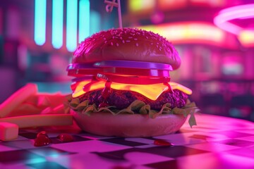 Delicious burger on a checkered surface illuminated by neon lights, with crispy fries on the side