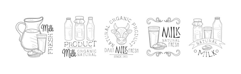 Fresh Milk Product Hand Drawn Black and White Sign Design Vector Set