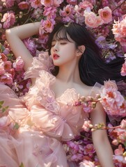 A photo of an extremely beautiful kpop woman with black hair and a pink dress laying on the ground surrounded