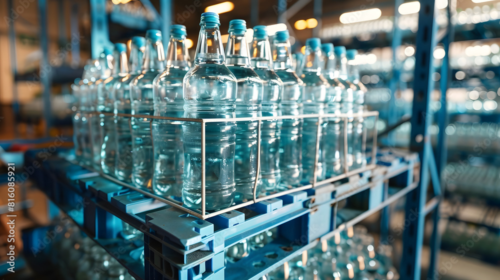 Poster Water bottle crate stacked with empty glass bottle in storage New and clean from factory : Generative AI