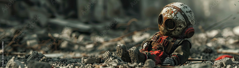 Sticker A haunting image of a child's toy partially buried in rubble, symbolizing the innocence lost in the aftermath of a nuclear war