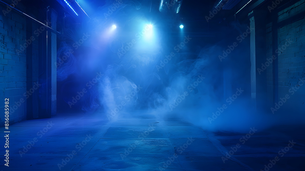 Poster a dark empty street dark blue background an empty dark scene neon light spotlights the asphalt floor