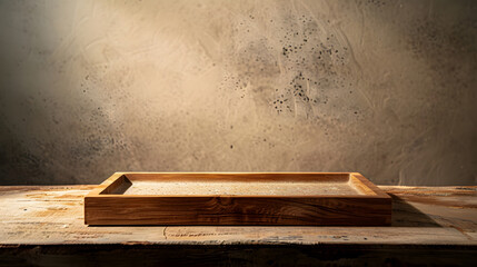 Kitchen wooden tabletop with empty stone tray for product montage : Generative AI
