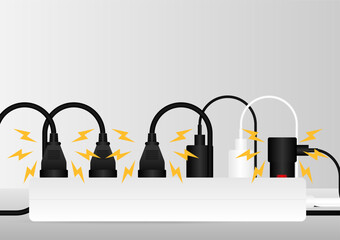 Overload Electric Plugs and Power Outlet. Electricity Short Circuit. Electric Shock. Broken Electric Socket with Spark. Vector Illustration.