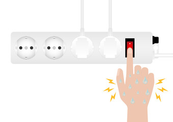 Wet Hand Turning On and Off Light Switch which can cause Electric Shock. Do not use Electricity with Wet Hand. Electricity Short Circuit. Vector Illustration. 