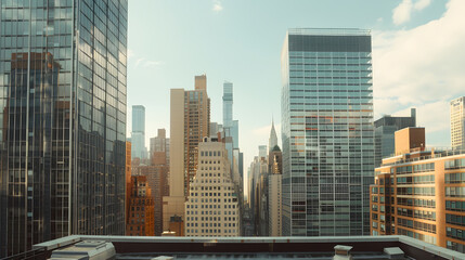 Obraz na płótnie Canvas Skyscrapers Cityscape Downtown New York Skyline Buildings Beautiful Real Estate Day time Empty rooftop View Success concept : Generative AI