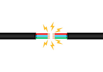 Electricity Short Circuit. Electric Shock. Power Cable. Broken Electric Wires. Damaged Electric Cable. Vector Illustration. 