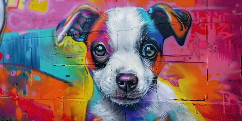Cute dog with big eyes painted with airbrush on colorful wall on the street, street art