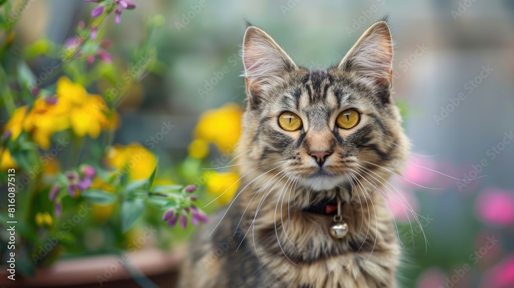 Wall mural Elegant and healthy cat with stunning yellow eyes adorned with a collar for security while enjoying the outdoor garden