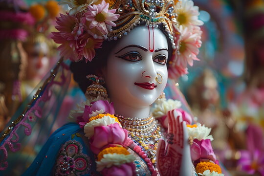 Goddess Radha, Lord Krishna wife, incarnation goddess Lakshmi. Figurine Hindu goddess wearing vines and flowers garlands. Ekadashi holiday concept