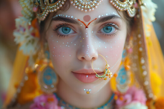 Ekadashi celebration concept: Indian young woman in traditional hindu dress, jewelry and makeup, in puja at Ekadashi celebration. Close up portrait