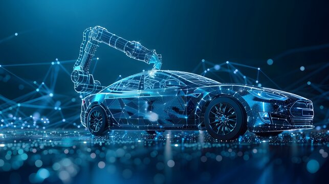 A car with a robotic arm on a blue background
