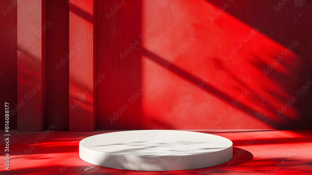 Poster Abstract empty white podium on red background Mock up stand for product presentation 3D Render Minimal concept Advertising template St Valentines sale : Generative AI