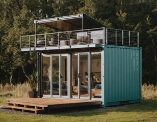 Modern shipping container home with large windows and wooden deck in a forest setting.
