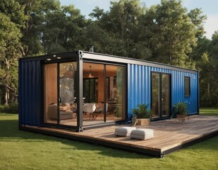 Modern shipping container home with large windows and wooden deck in a forest setting.