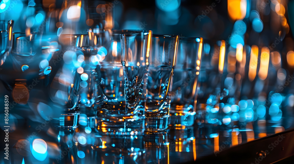 Poster closeup photo of clean washed and polished bar and pub glasses hanging over empty glasses ware on ta