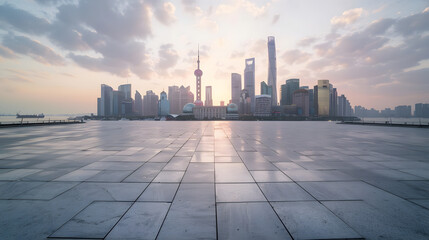 Empty floor and modern city skyline with building at sunset in Shanghai China : Generative AI