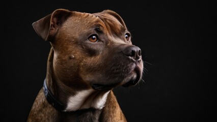   half body art of a real brown staffordshire bull terrier, staring, strong expression, ultra realistic photography, black background