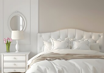Modern bedroom interior with white bed, nightstand and mirror in light beige color, decorated in the style of flowers tulips on the table, lamp over the bedside stand