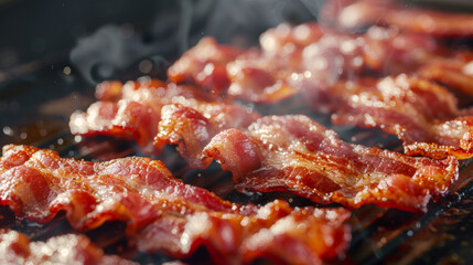 Sizzling bacon strips on a hot griddle.