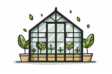 Greenhouse Illustration, Simple Glass Structure with Seedlings